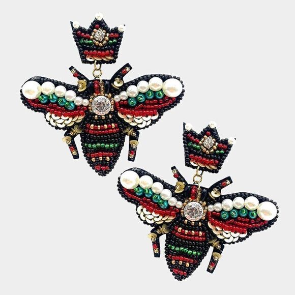 Honey Bee Red & Green Seed Bead Dangle Earrings - Picture 3 of 5